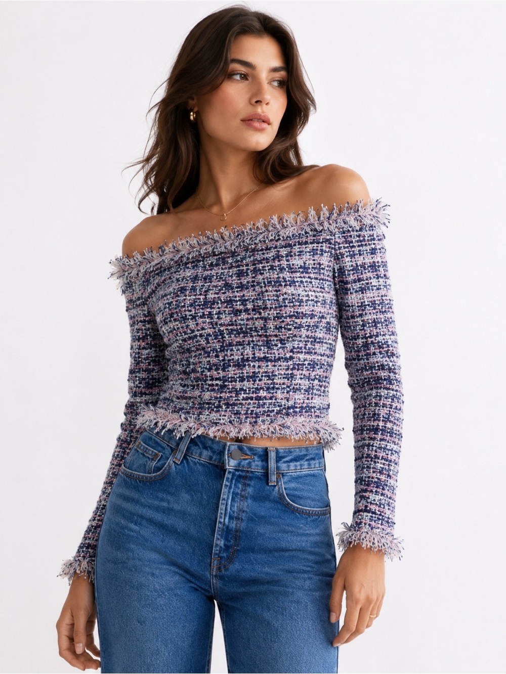 Zara Lavender Mix Off-the-Shoulder Tweed Crop Sweater